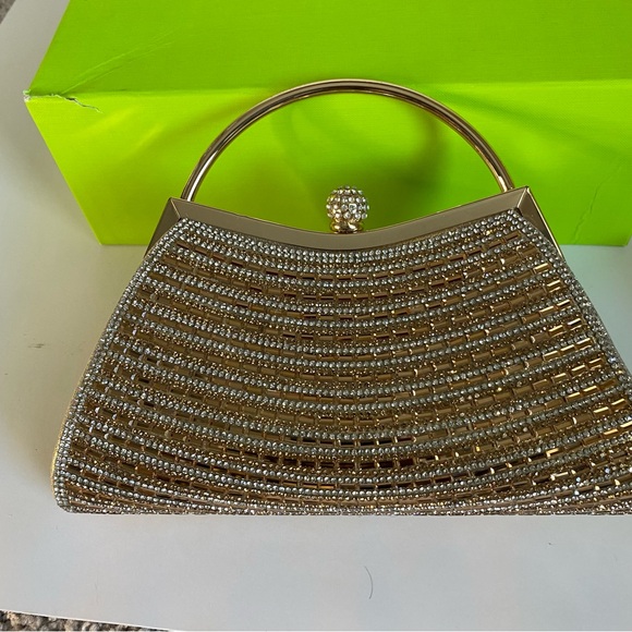 Handbags - Small Gold and Rhinestone snap closure top handle bag with detachable gold chain